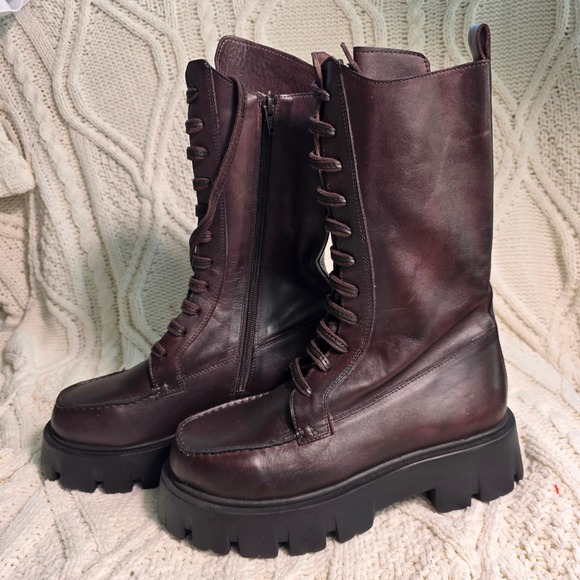 Free People Shoes - Free People Jones Lace Up Mid Calf Boots Platform Burgundy Leather Womens 9 NEW
